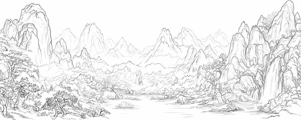 Fototapeta premium Sketch of Mountain Scenery with Waterfall