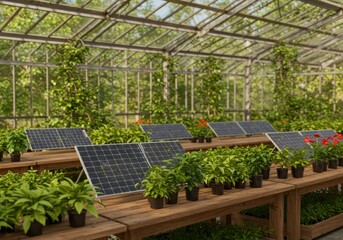 Greenhouses with solar panels and green plants