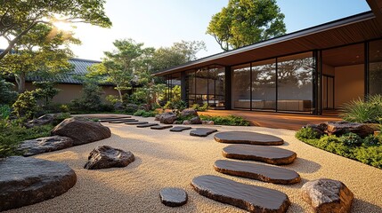A zen garden invites contemplation with its arrangement of rocks and sand, featuring stepping stones that lead through the serene space