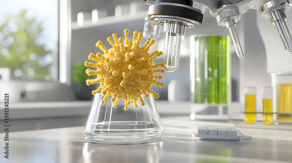 Poster analyzing virus structure in laboratory science lab 3d model clean environment close-up research imp