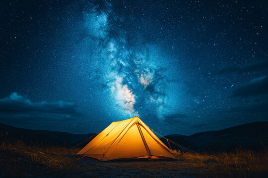 yellow tent is lit under the dark sky with the milky way in the night sky