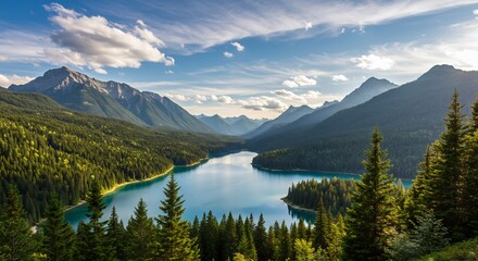 雄大な山々と青く輝く湖、爽やかな光が降り注ぐ風景写真