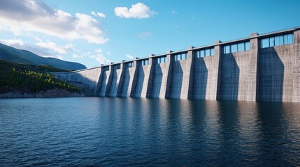 Scenic Landscape of a Large Concrete Dam with Calm Water Reflecting Mountains and Blue Sky