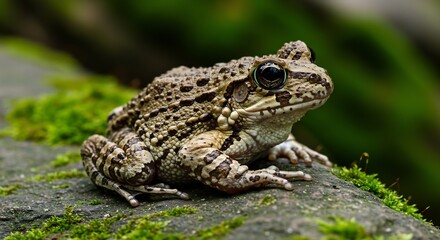 Obraz premium 苔むす石の上、穏やかな光を浴びるカエル 落ち着いた色合いの自然写真
