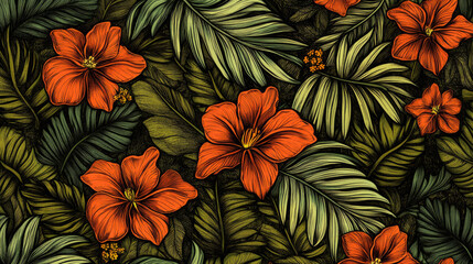 Naklejka premium Vibrant orange flowers with lush green leaves pattern