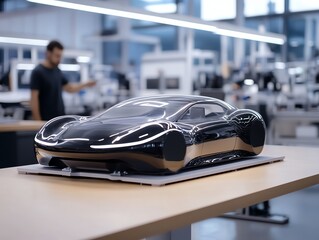 A hightech 3D printer creating an aerodynamic sports car model