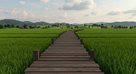 Obraz premium 緑の田園風景 木道が伸びる穏やかな景色 優しい日差し