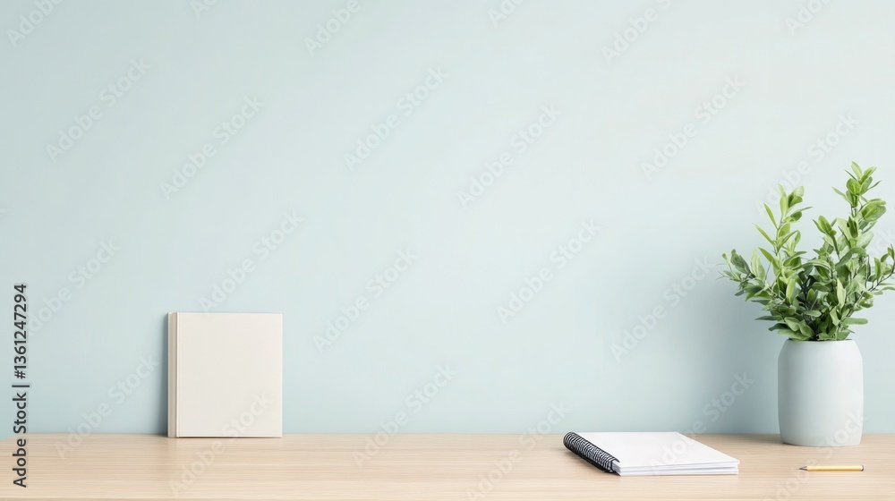 Poster neatly arranged wooden desk with single closed notebook and sharpened pencil surrounded by ample cop