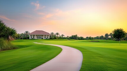 Fototapeta premium Serene Golf Course Landscape at Sunset with Winding Path and Scenic Clubhouse View