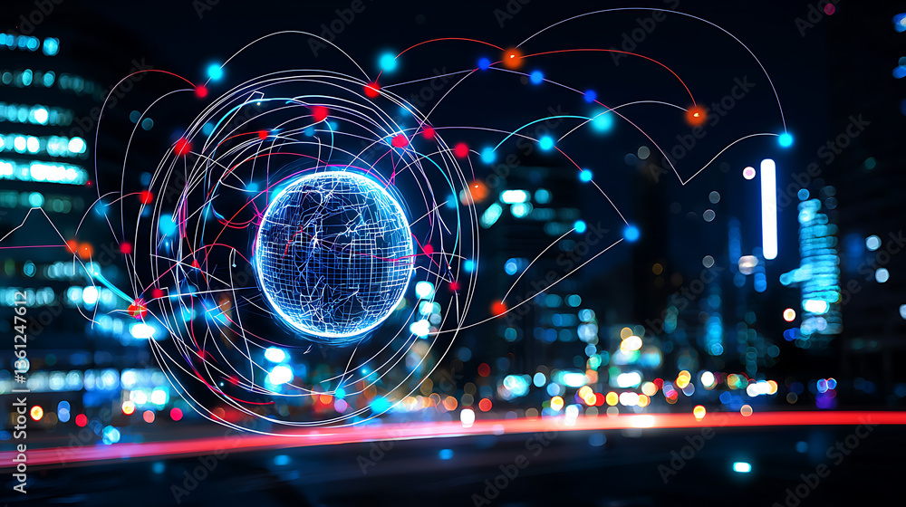 Poster dynamic digital network visualizing global connectivity urban nightscape graphic design futuristic e