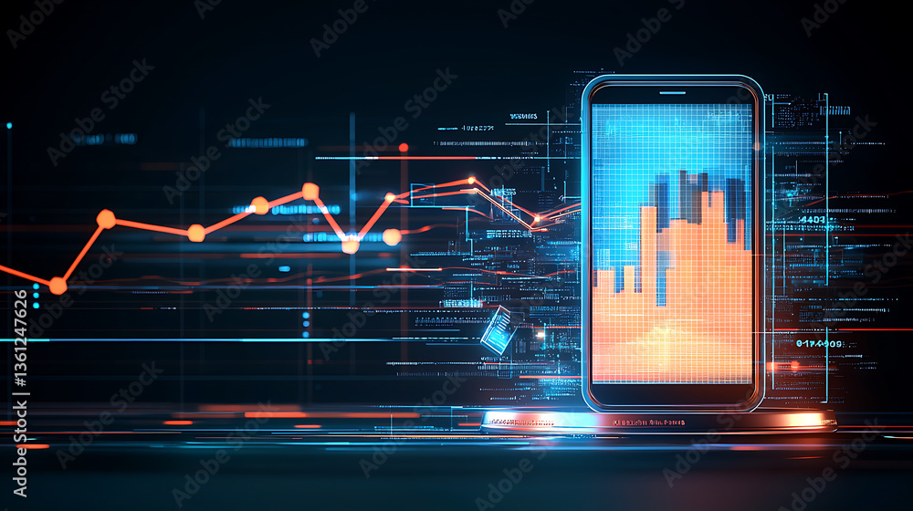 Poster analyzing data trends on mobile devices digital marketing insights graphical interface tech environm