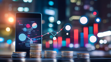 Analyzing financial trends urban environment digital graphs business insights night time viewpoint data visualization