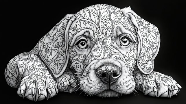 An intricate zentangle dog illustration captures the playful spirit of a puppy in black and white line art, perfect for a pet coloring page