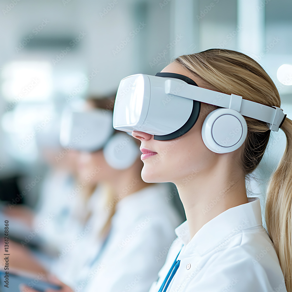 Poster virtual reality experience tech lab digital innovation modern office close-up view immersive learnin