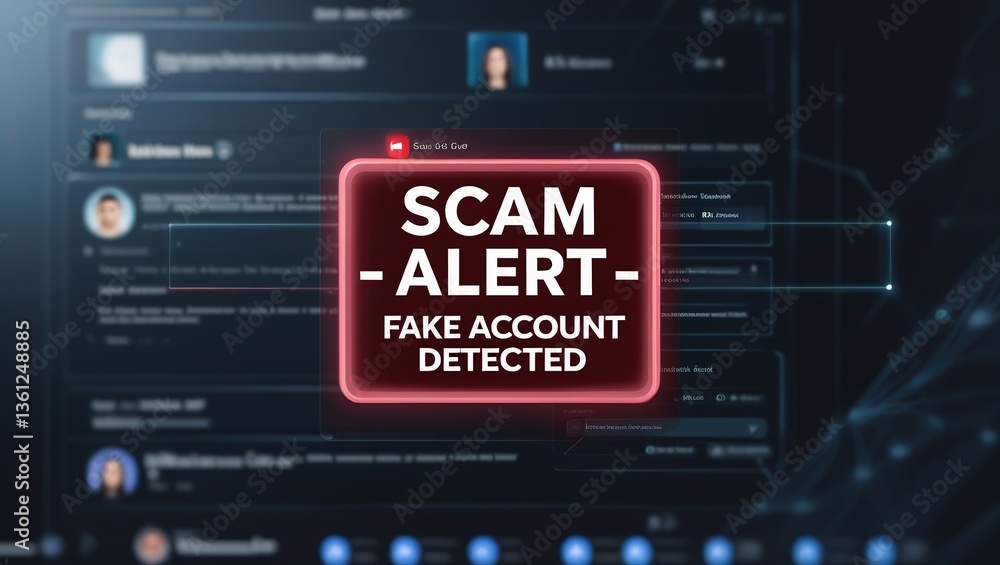 Poster digital alert highlighting a scam detection warning on a background of online profiles and digital d