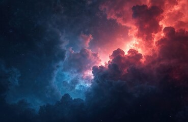 Nebula stars cinematic background. Dark blue and red colors. Galaxy, cosmic, astronomy universe. Outer space night sky with bright stars and celestial bodies. Abstract art wallpaper design.