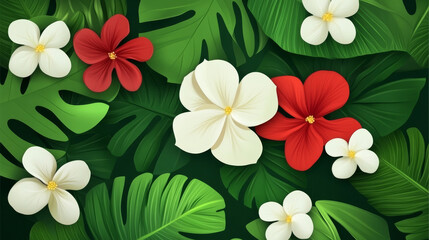 Colorful flowers and foliage pattern with vibrant leaves