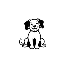 A simple black and white illustration of a cheerful puppy sitting upright with a friendly smile