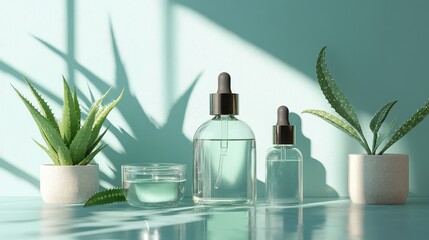 A minimalist skincare product arrangement with natural ingredients like aloe vera and essential oils.