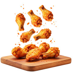 Crispy Golden Fried Chicken Drumsticks Floating in Mid-Air, Isolated on Transparent Background