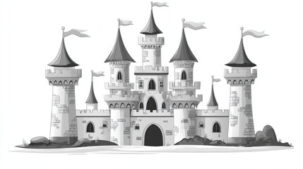 A detailed illustration of a castle with multiple towers and flags