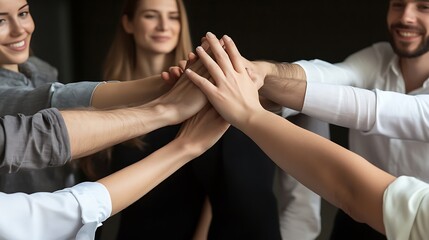 Group of business people joining hands together as symbol of unity and teamwork