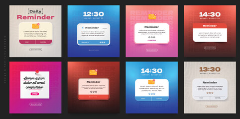 Set of reminder notifications social media post design with notification icon in 3D style. The vector illustration of the event notice message is set against an isolated background. 