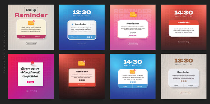 Set of reminder notifications social media post design with notification icon in 3D style. The vector illustration of the event notice message is set against an isolated background. 
