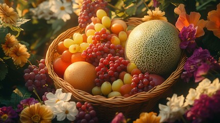 A wicker basket holds assorted fruits and colorful flowers