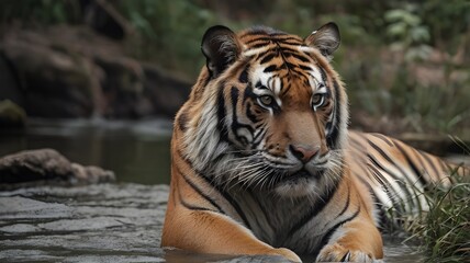 Naklejka premium AI GENERATE, A tiger with the nature life background