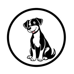 A cheerful black and white cartoon dog sitting inside a circular frame