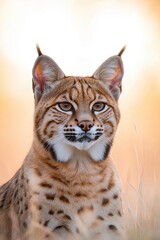 Obraz premium close-up of majestic wild cat with piercing eyes crouched amidst tall grass under dappled sunlight