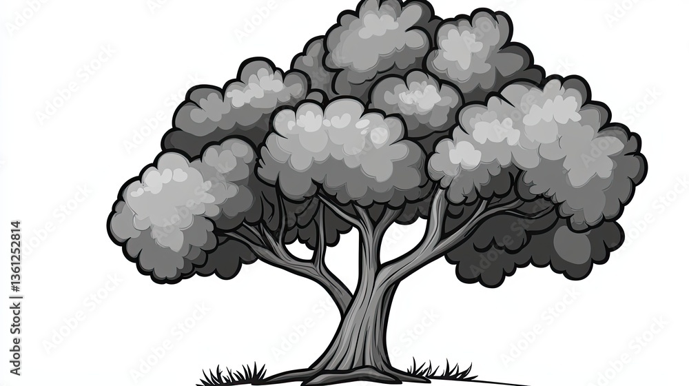 Poster the illustration portrays a large leafy tree with a robust trunk