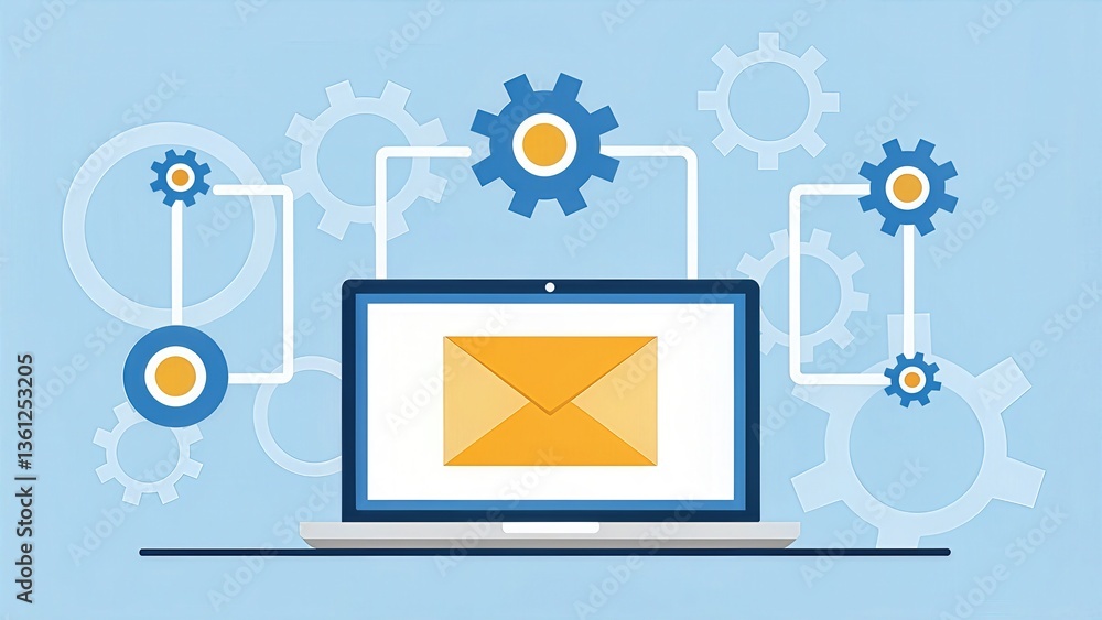 Poster digital communication concept with gears and a laptop.