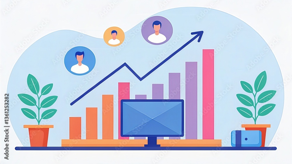 Poster business growth with data visualization and team collaboration elements.