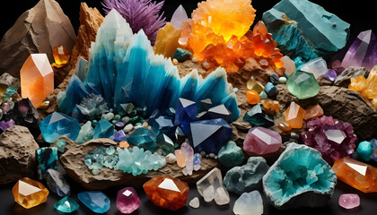 A mesmerizing collection of vibrant and multicolored crystals arranged on rocky surfaces. The dazzling gemstones vary in shape, size, and hue, with glowing blue, fiery orange, soft lavender