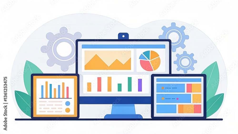 Poster digital data analytics on screens with gears and greenery.
