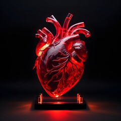 Glowing red neon heart model in side view