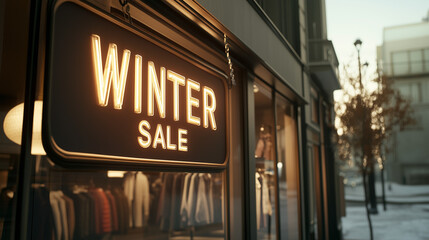Obraz premium Winter Sale Sign Illuminated at Clothing Storefront 