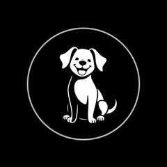 A simple black and white illustration of a happy dog inside a circular frame