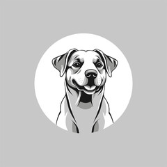 A charming grayscale illustration of a dog's head, set against a circular backdrop
