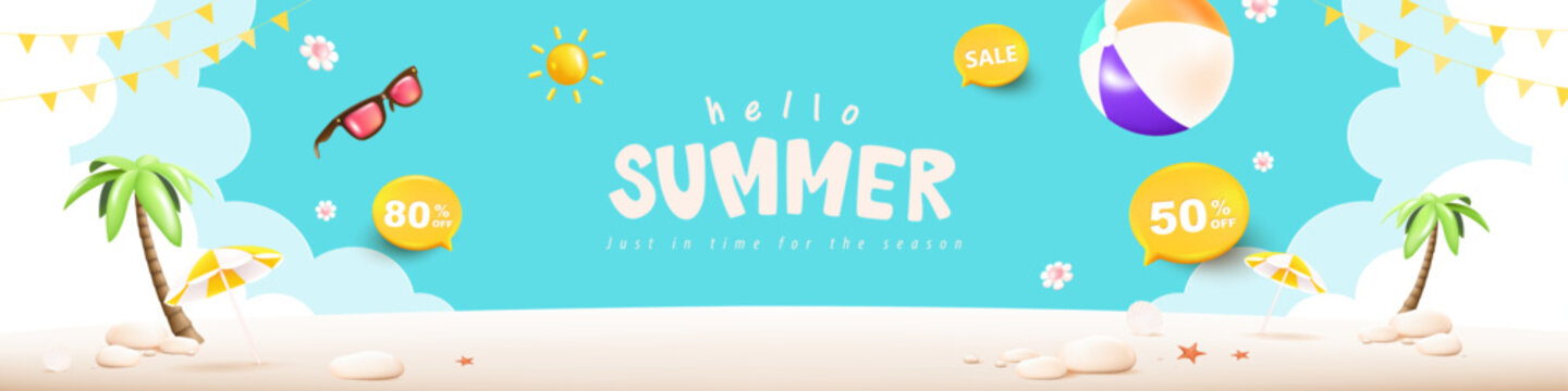 Summer web banner poster with summer beach scene design background
