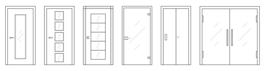 Door type icons Collection in linear style Home entrance doors, classic interior doors, elevators and wooden or glass safes Simple design vector illustration on white background