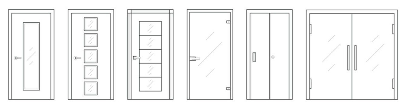 Naklejki Door type icons Collection in linear style Home entrance doors, classic interior doors, elevators and wooden or glass safes Simple design vector illustration on white background