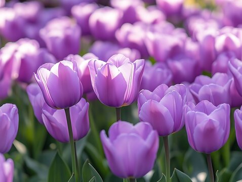 A vibrant field of purple tulips bathed in sunlight