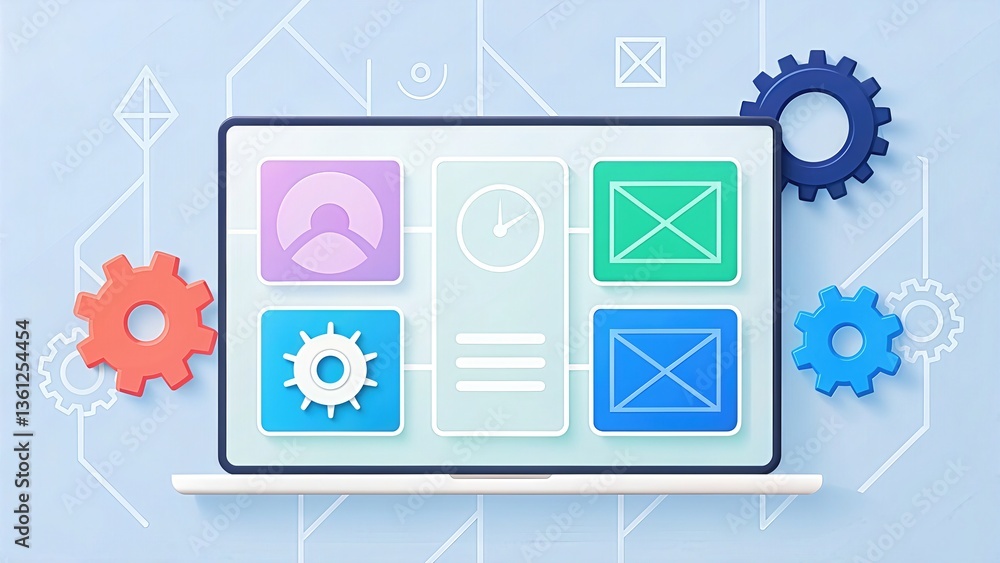 Poster digital interface with colorful elements and gears on a laptop screen.