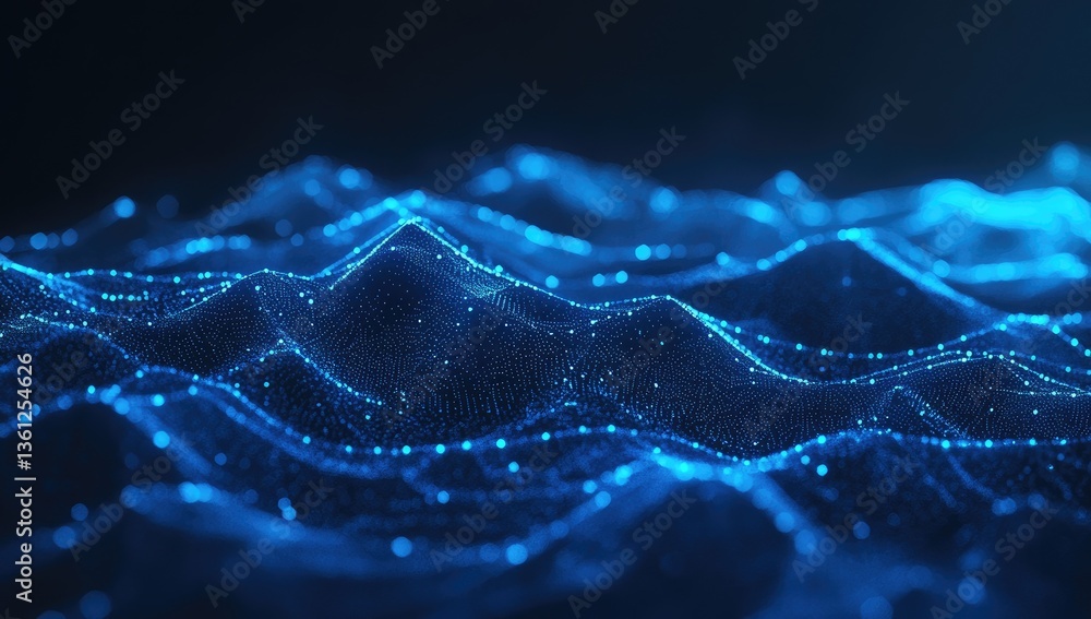 Poster abstract digital landscape. complex network of glowing points creating undulating mountains