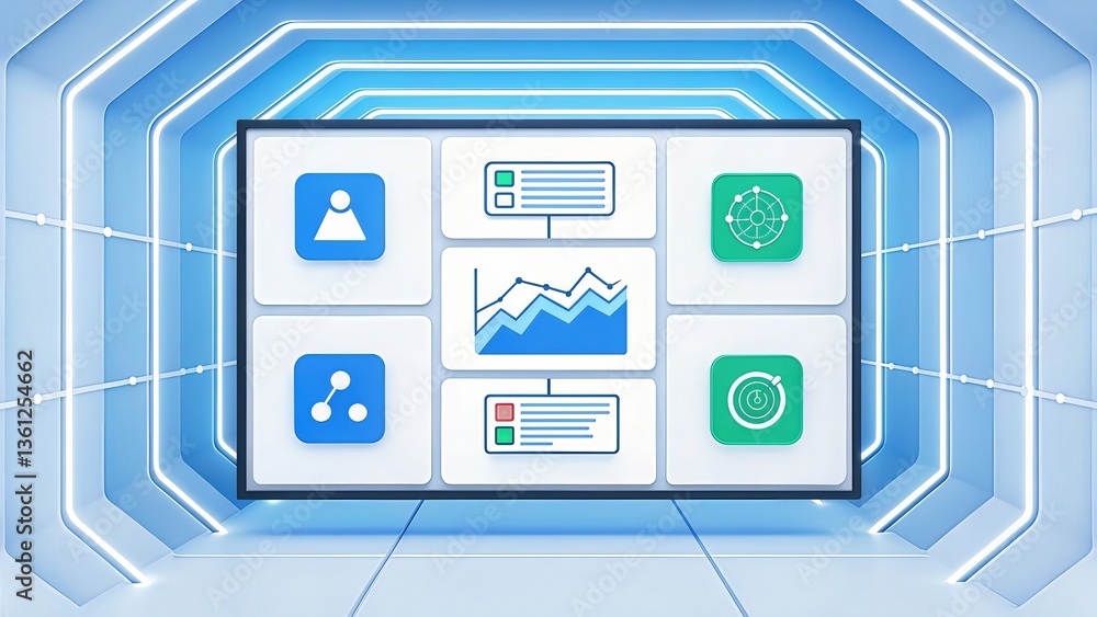 Poster Digital interface displaying graphs and various data icons.