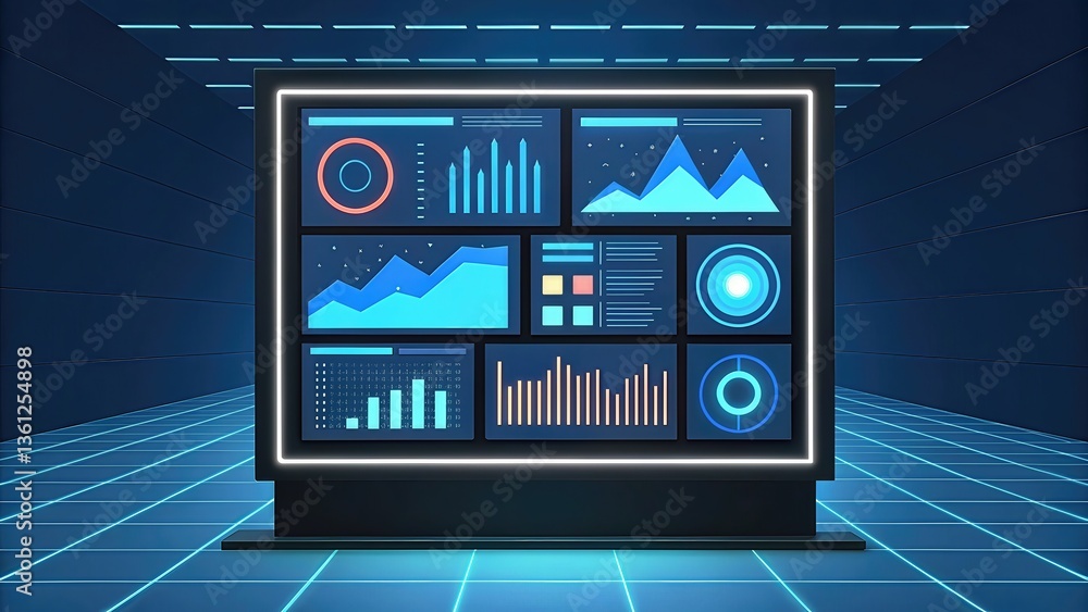 Fototapete Futuristic data visualization on a digital screen in a virtual space.