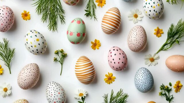 Playful Easter pattern featuring decorated eggs, spring flowers, and fresh greenery in soft pastel colors, symbolizing seasonal joy and renewal with a cheerful, repeating design.